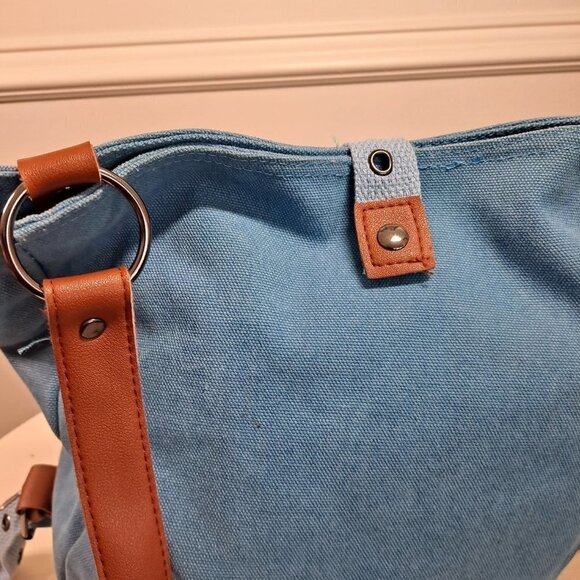 Light Blue Denim Backpack with Camel PU Trim, 2 Sections, Pockets, EUC main image 11